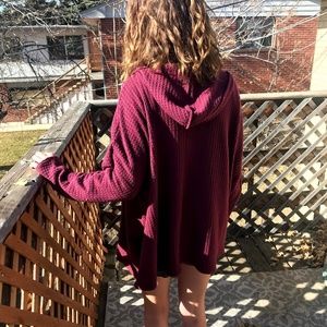 Maroon Waffle Hooded Cardigan Sweater